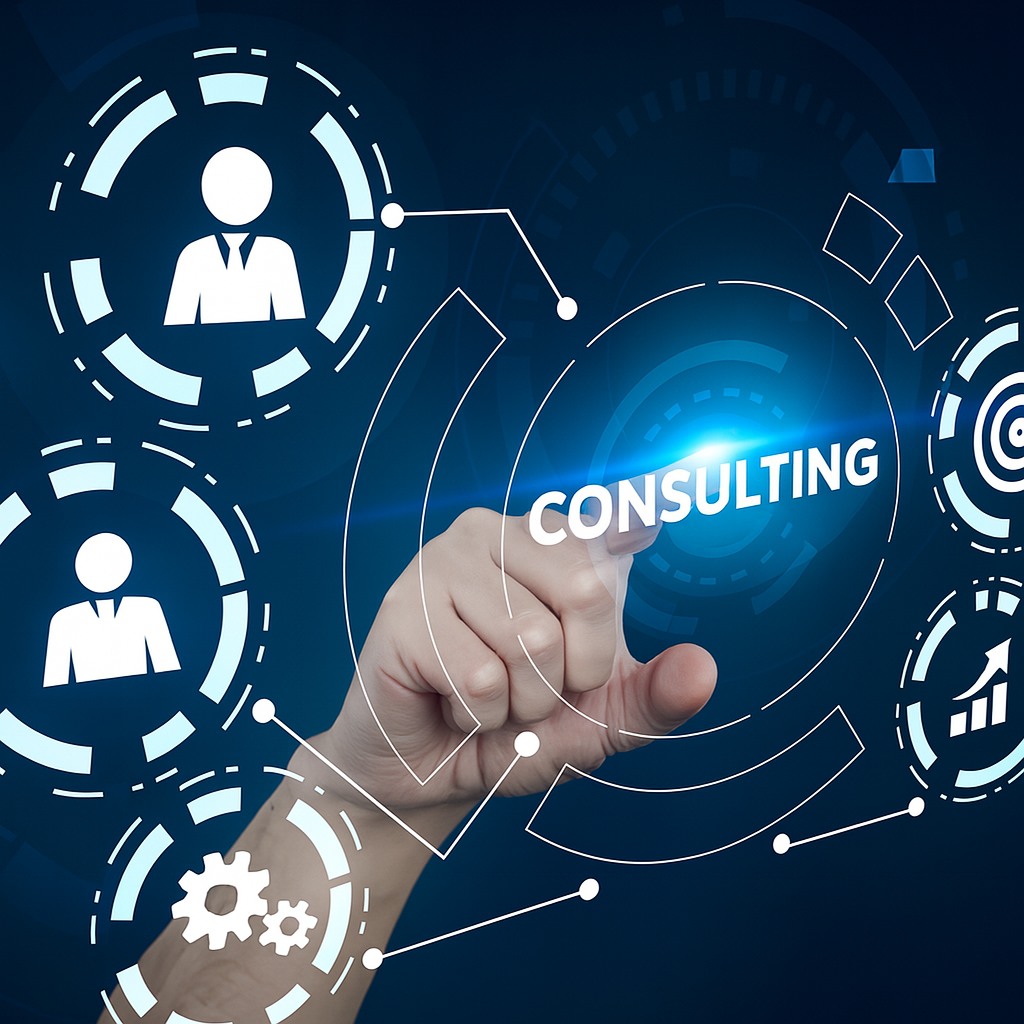 Hand som pekar på ett digitalt gränssnitt med texten "Consulting", omgiven av ikoner som symboliserar affärsutveckling, strategi, mål och innovation.